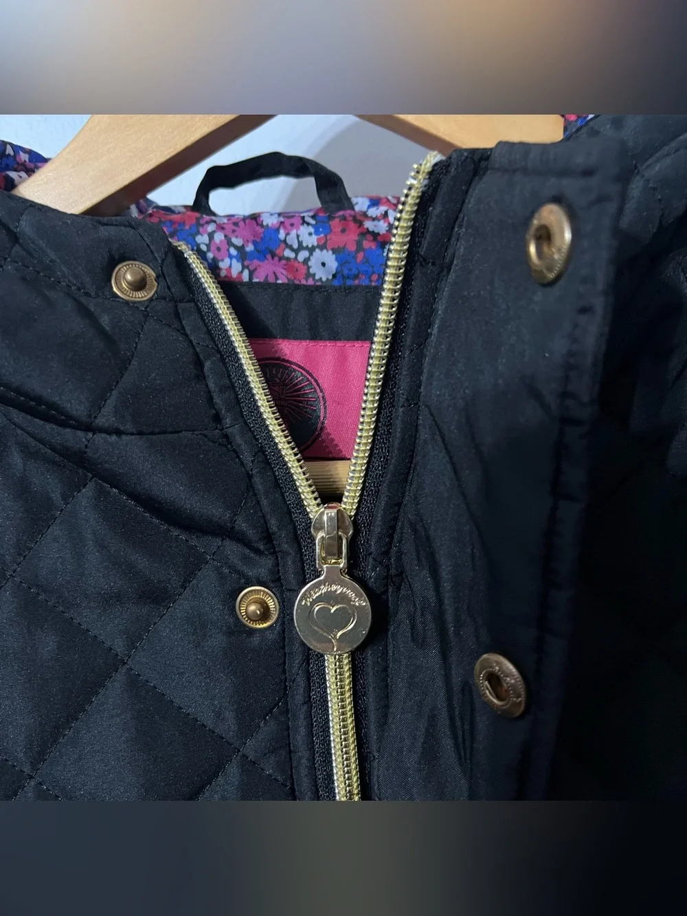 Weatherproof Girl’s L 14/16 Black Quilted Hooded Jacket Floral Lined Pockets